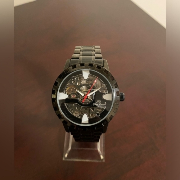 Men's Black Skeleton Watch with Red Accents - Picture 1 of 4